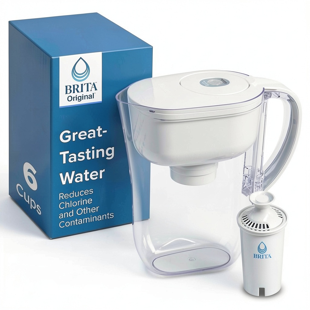 Brita water pitcher on a kitchen countertop with a glass of filtered water