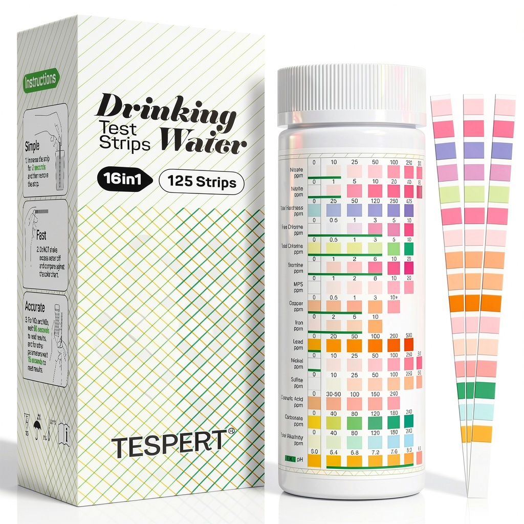 TESPERT 16 in 1 Drinking Water Test Kit showing color comparison chart and test strips on kitchen counter