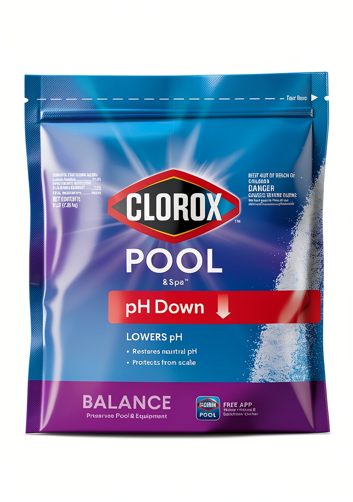 Installing Clorox Pool pH Down Granular on a wooden deck beside a residential pool