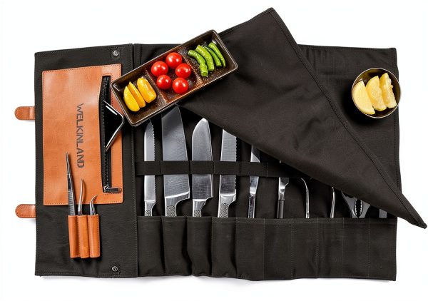 Knife Roll Welkinland 14-Pocket Waxed Canvas Leather Chef Bag-1