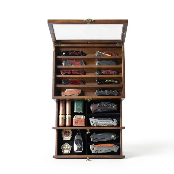 Knife Display Case amoard 3 Tier Walnut Wood Holder with Glass Lid-1