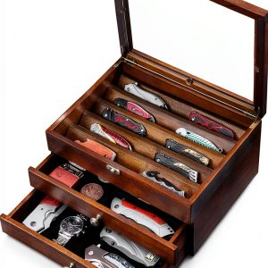 Knife Display Case amoard 3 Tier Walnut Wood Holder with Glass Lid-0