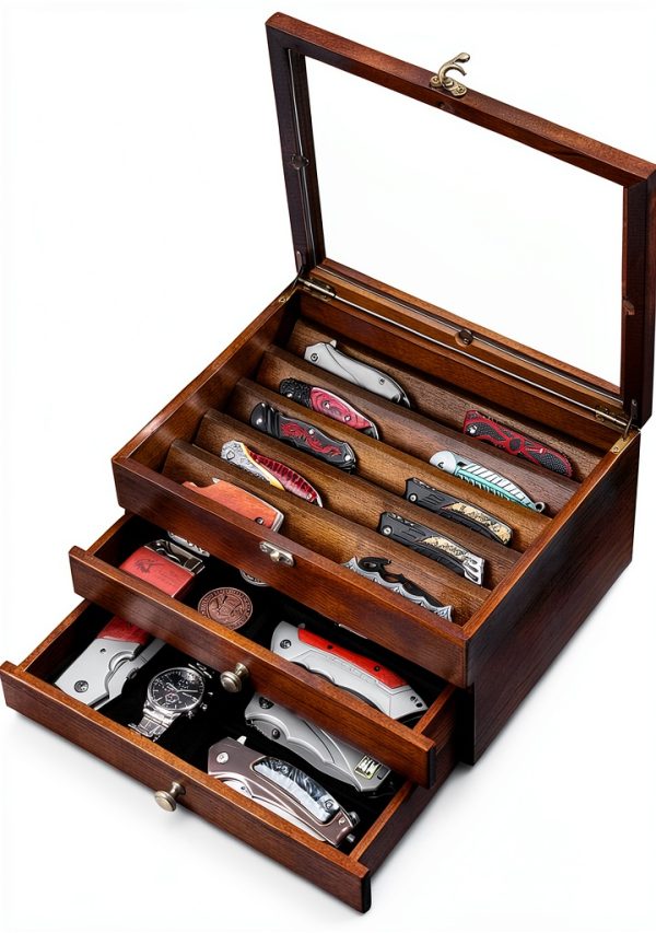 Knife Display Case amoard 3 Tier Walnut Wood Holder with Glass Lid-0