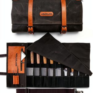 Knife Roll WELKINLAND 13-Pocket Waxed Canvas Leather Chef Bag-0
