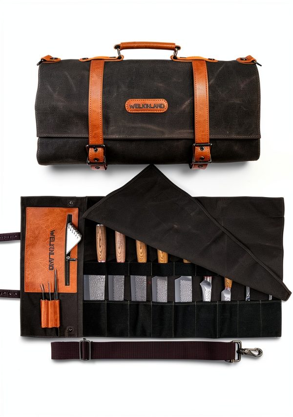Knife Roll WELKINLAND 13-Pocket Waxed Canvas Leather Chef Bag-0