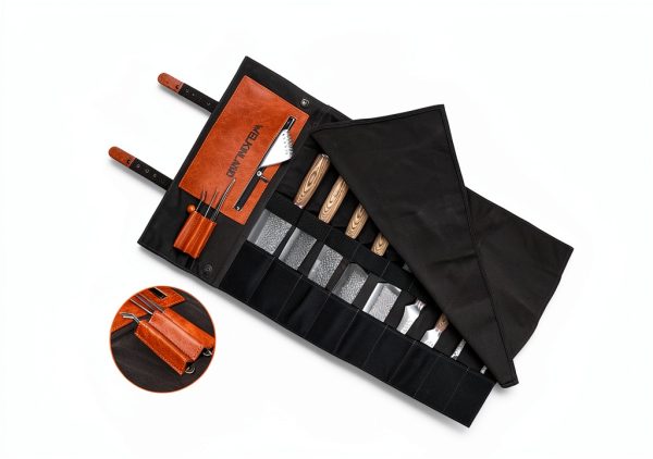 Knife Roll WELKINLAND 13-Pocket Waxed Canvas Leather Chef Bag-5