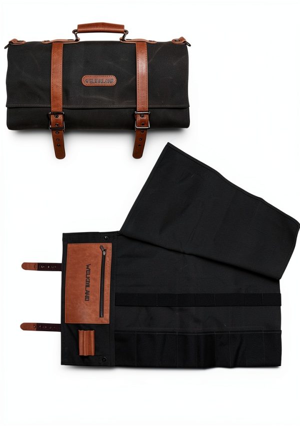 Knife Roll WELKINLAND 13-Pocket Waxed Canvas Leather Chef Bag-8