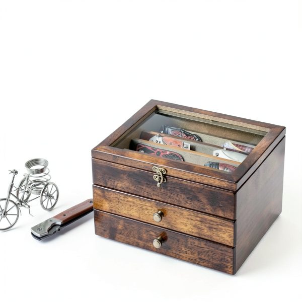 Knife Display Case amoard 3 Tier Walnut Wood Holder with Glass Lid-3