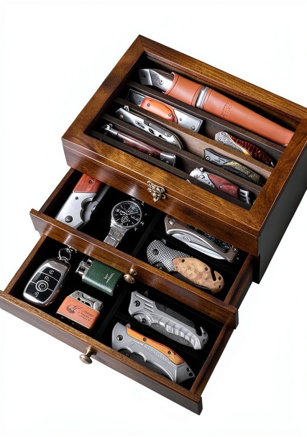 Knife Display Case amoard 3 Tier Walnut Wood Holder with Glass Lid-6