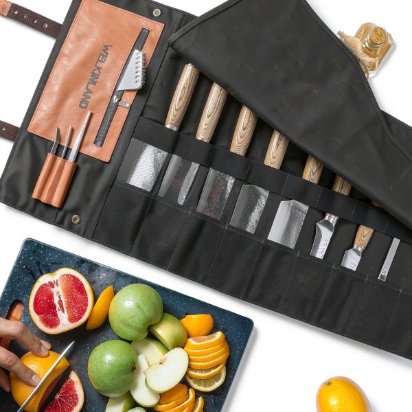 Knife Roll WELKINLAND 13-Pocket Waxed Canvas Leather Chef Bag-1