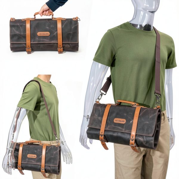 Knife Roll WELKINLAND 13-Pocket Waxed Canvas Leather Chef Bag-4