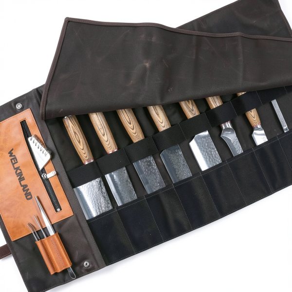 Knife Roll WELKINLAND 13-Pocket Waxed Canvas Leather Chef Bag-2